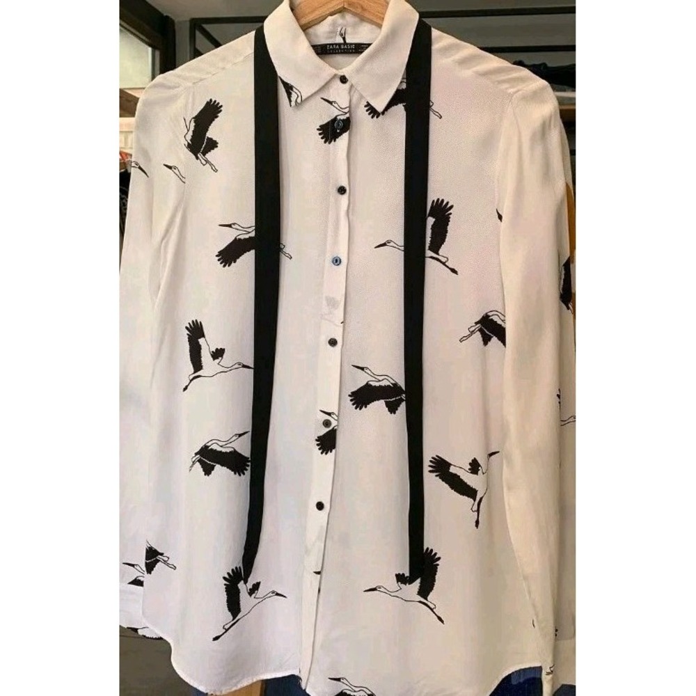 White Bird Print Bow Tie Neck Collared Long Sleeve Button-Up Blouse M - Picture 6 of 10